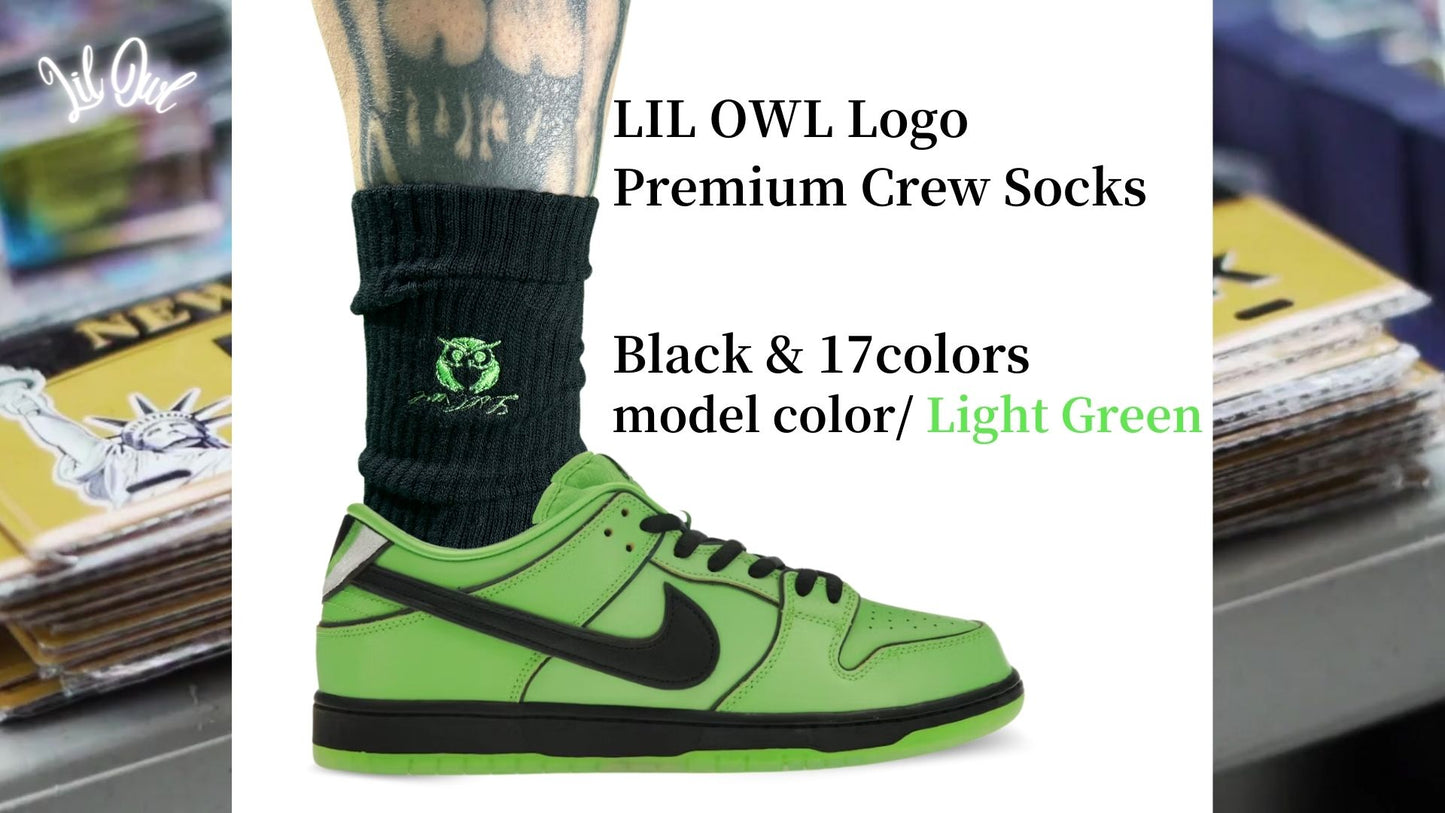 LILOWL Logo Premium Crew Socks(1Pair)Black&Light Green